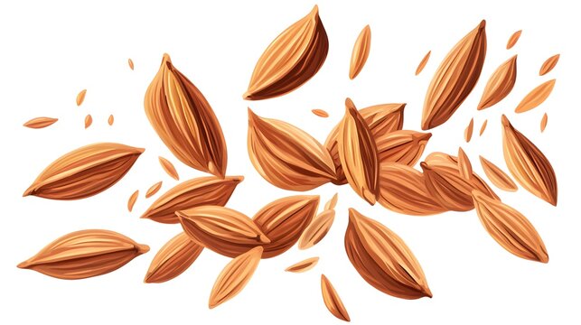 Illustrate cumin seeds in a simple yet detailed style with warm brown shades, isolated on a white background