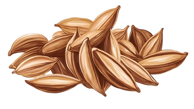 Illustrate cumin seeds in a simple yet detailed style with warm brown shades, isolated on a white background