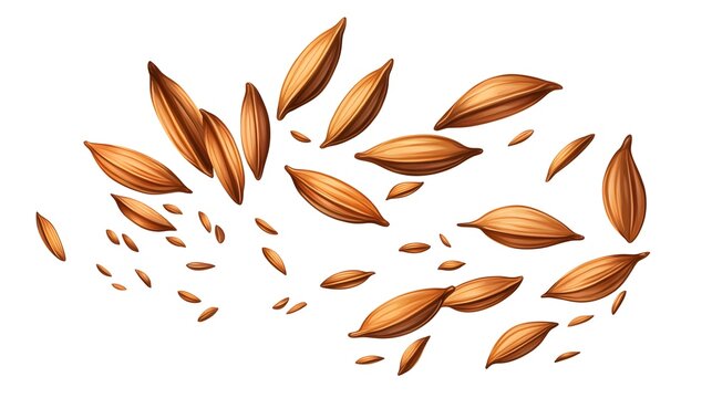 Illustrate cumin seeds in a simple yet detailed style with warm brown shades, isolated on a white background