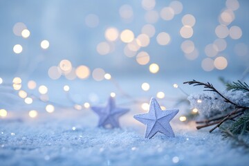 A soft, blurred periwinkle blue background with delicate glowing bokeh lights and tiny shimmering stars, evoking a calm and peaceful aura
