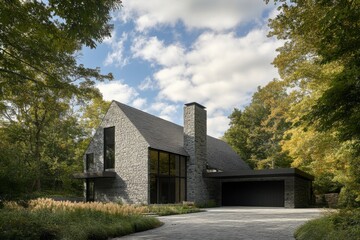 Fototapeta premium Modern stone house nestled in lush greenery on a sunny day with clouds dotting the blue sky, showcasing contemporary architecture amidst nature