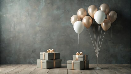 Elegant Gifts and Balloons on Wooden Floor Against Textured Wall
