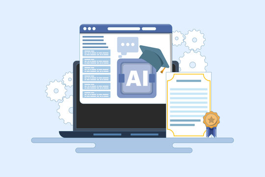 AI certification course concept, AI course, online certification, online education, artificial intelligence learning. vector illustration with icons on background.