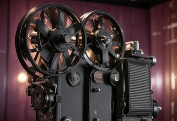 Close-up of a vintage film projector with vibrant light patterns, movie theater, vintage