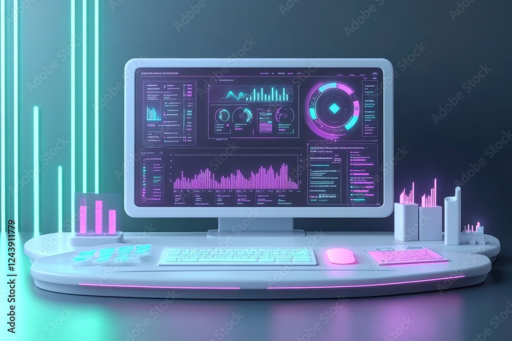 Poster a futuristic computer setup featuring a vibrant display with data visualizations and glowing accents