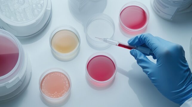 An overhead shot of a scientists hands carefully pipetting liquid samples into small petri dishes showcasing the meticulous process of isolating specific probiotic strains for customized