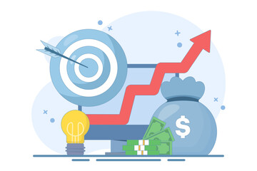 Concept of achieving business success. Successful winner with brilliant idea, achieving career goals, solving work task problems. Vector illustration in modern flat style on background.