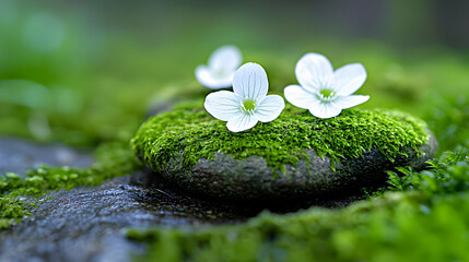 White flowers on moss-covered stones, tranquil garden scene, nature serenity, spa background