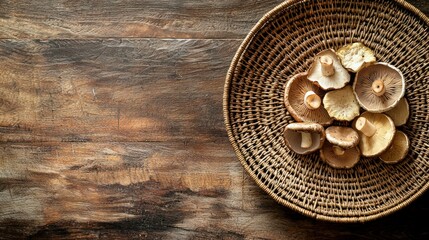 Dried mushrooms in woven basket on wooden table