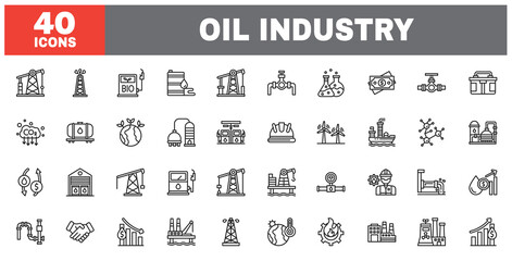 Set of 40 line icons oil industry. Outline icon collection. Editable stroke. Vector illustration.