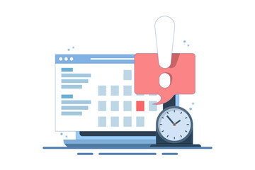 Computer Concept with calendar, deadline list, notes, online notification on website as reminder of important event, electronic or digital internet on laptop, modern notes. Flat vector illustration.
