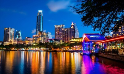Vibrant Night Cityscape with Colorful Reflections on Water