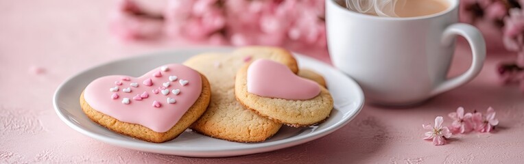 A cozy pink-themed setup featuring heart-shaped cookies, coffee, and fresh flowers. Ideal for Valentine's Day breakfast, romantic mornings, and cozy cafe aesthetics.