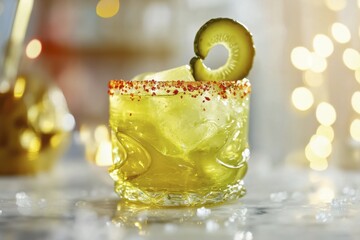 Refreshing cucumber margarita with pickle garnish and chili rim