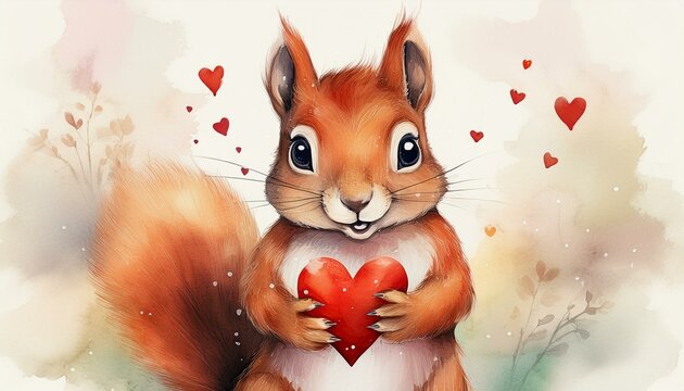 cute watercolor illustration valentine s day card birthday declaration of love squirrel gives a heart