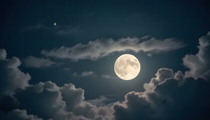 Una gran luna llena que se eleva sobre un cielo nocturno nublado con estrellas en el fondo