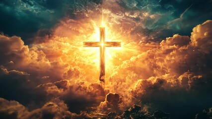 Radiant cross ascending through glorious clouds in a fiery sky