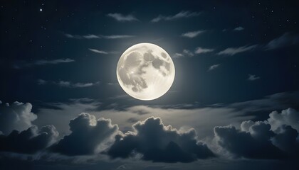 Una gran luna llena que se eleva sobre un cielo nocturno nublado con estrellas en el fondo