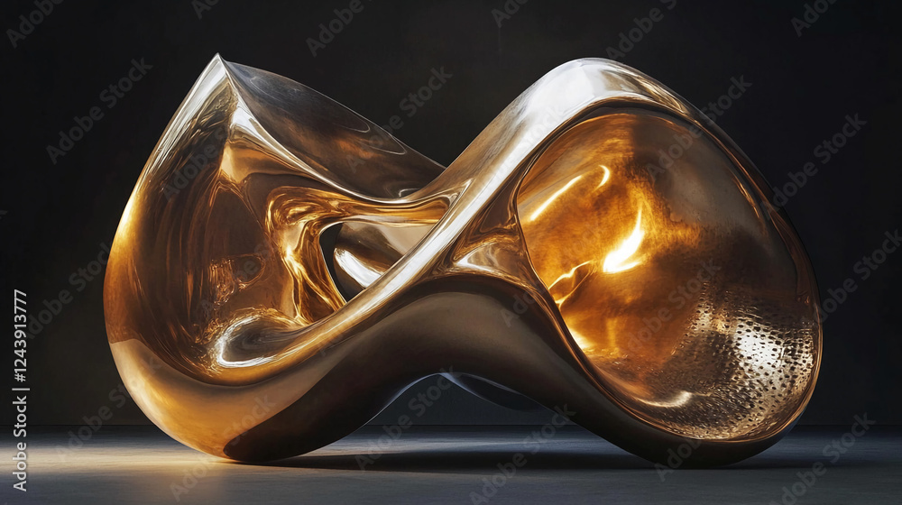 Aufkleber A close-up view of a reflective metallic abstract sculpture with smooth, curved shapes and a glossy surface, symbolizing modern art, innovation, and elegance.