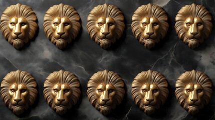 Golden Lion Head Sculptures on Dark Marble Background