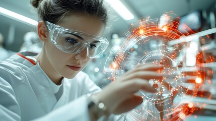 Scientist analyzing data, futuristic lab, technology background, research