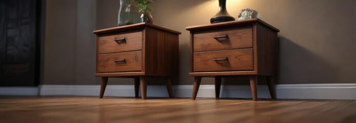 Wooden nightstand in front of a darkened room with blurry background, wooden furniture, darkened room, blurred scene