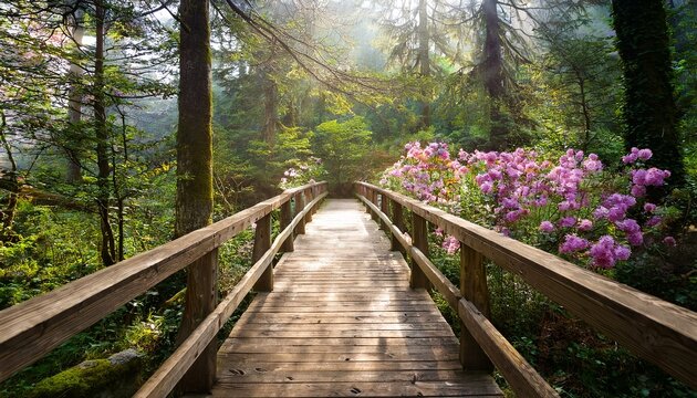 wooden bridge in the forest with flowers and trees