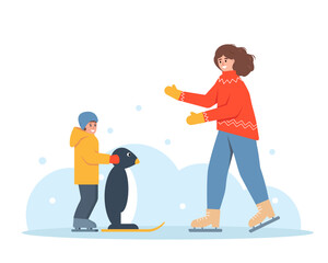 Happy child with big penguin and mother on skating rink in winter. Snowy winter season outdoor family activity. Child in warm clothes learning to skate on ice. Vector illustration on white background.