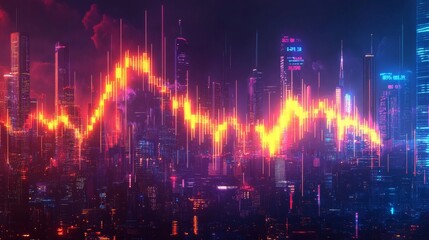 Vibrant Neon Stock Market Chart with Candle Graph Overlaid on a Futuristic City Skyline