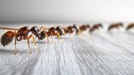 Fototapeta premium Ants in a line on a light wood surface, close-up, blurred background