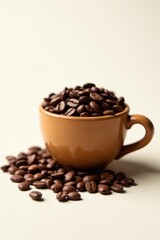Light brown coffee beans in simple wooden cup, beans, breakfast