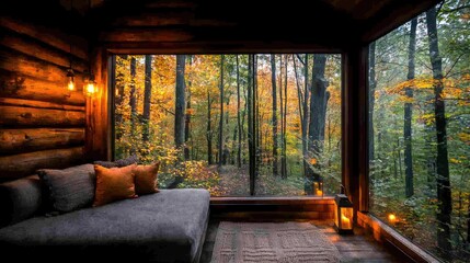 Naklejka premium Cozy log cabin autumn forest view, relaxing interior