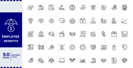 Employee benefits line icon set. Maternity leave, paid leave, meals, insurance, company transport, bonuses,, paid vacation, social security icons and more signs. Flat icon collection.
