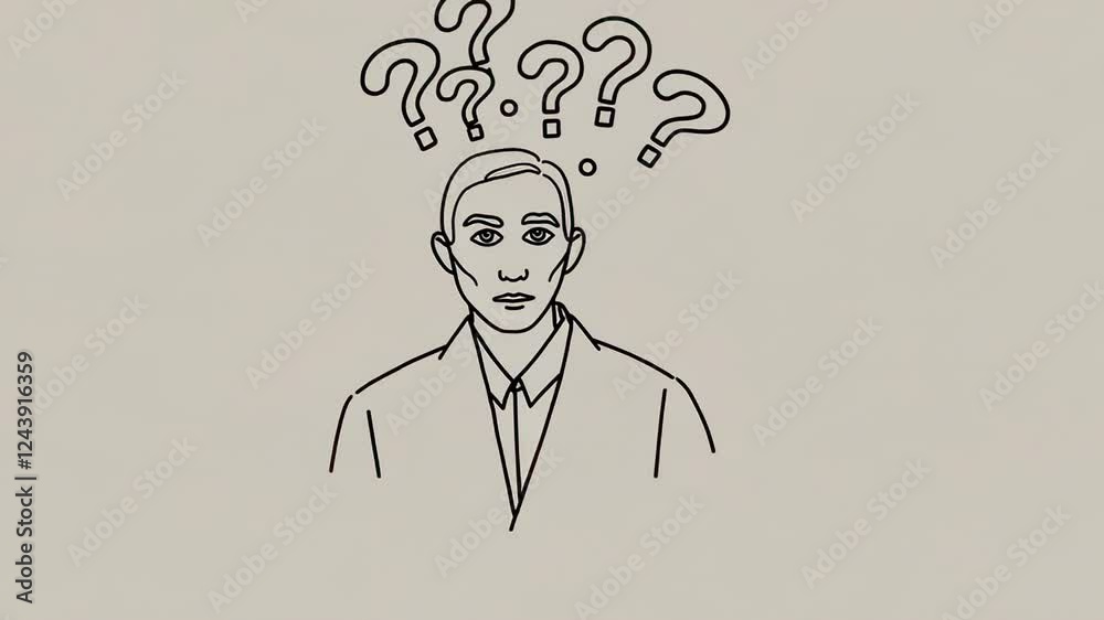 Aufkleber Pensive businessman with question marks above his head, symbolizing decision making, wandering, and problem solving in a simple animated sequence