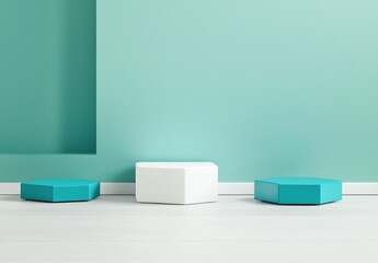 Teal and White Hexagon Podiums on Light Wood Floor Against Teal Textured Wall