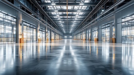 Obraz premium Vast Industrial Factory Interior: Modern Architecture and Reflective Floors