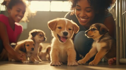 Pet Adoption Day: A Family Choosing a Puppy at a Shelter