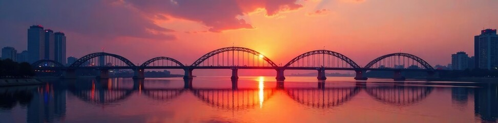 Naklejka premium Yangtze River sunset reflected in bridge's arches, arches, sunset, chongqing