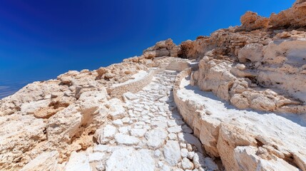 Fototapeta premium Ancient stone path, mountaintop, desert landscape, clear sky; travel brochure