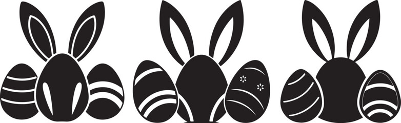 set of easter bunny ears with eggs  silhouette, black and white silhouette, vector and illustration
