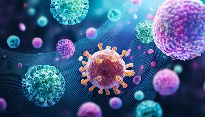 colorful close up of virus particles floating in a digital microbial world highlighting the intersection of science microbiology and health research in understanding disease mechanism