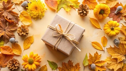 Fototapeta premium Autumnal Gift Presentation with Fall Foliage and Flowers