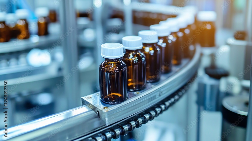 Aufkleber rows of amber glass bottles are being transported on a conveyor belt within a vibrant factory settin