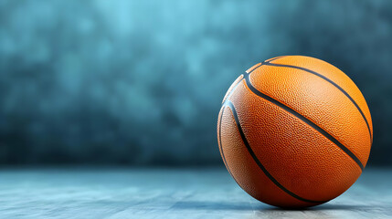 Basketball on court, teal background, sport