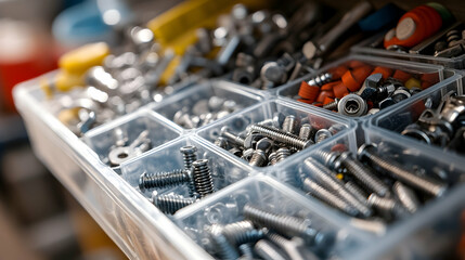 Close-up of assorted fasteners, including nuts, bolts and screws, neatly stored in transparent compartments of a plastic box