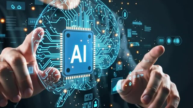 Human interact with AI artificial intelligence brain processor in concept of AI artificial intelligence engineering, big data and AI machine learning to use generative AI for business support. UUID
