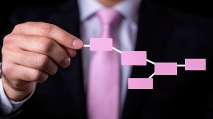 A businessman holds a flowchart diagram, emphasizing organizational structure and planning in a corporate environment.