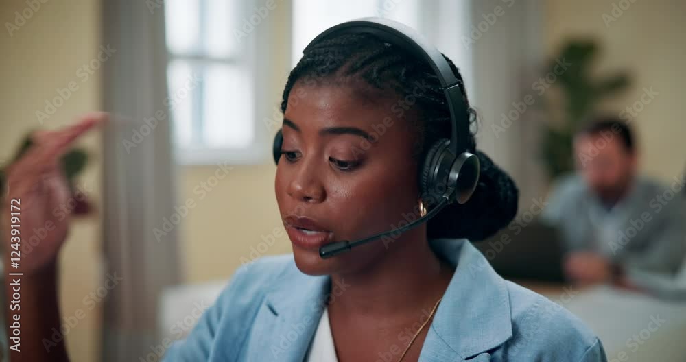 Poster Talking, woman and receptionist in call center for help, customer support and explain. Consultant, conversation and secretary on microphone at desk for advice, service or contact us for faq in office