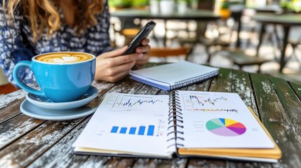 Fototapeta premium Woman with Coffee and Smartphone Analyzing Business Data Charts