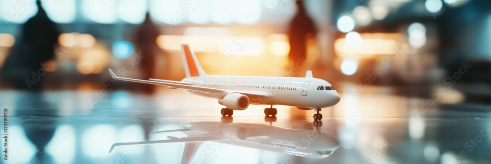 Poster white miniature airplane model resting on a shiny surface reflects bright lights of a busy airport t